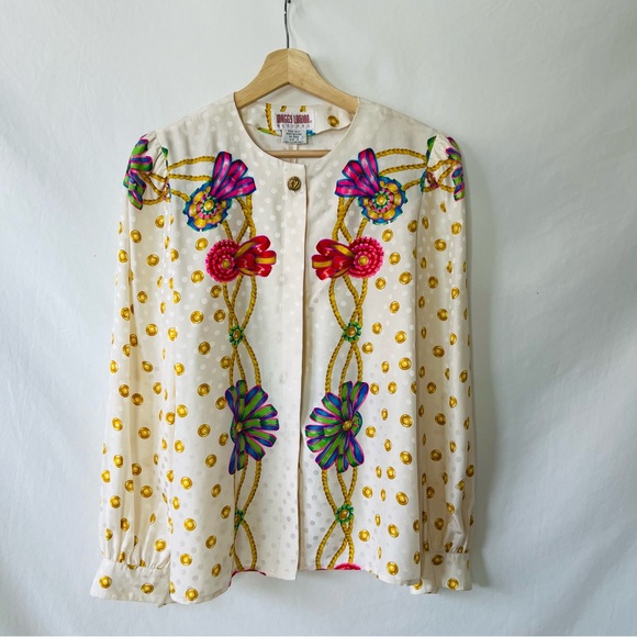 Vintage Tops - Vintage 90s 100% Silk Ivory Dotted Bow Blouse by Maggy London